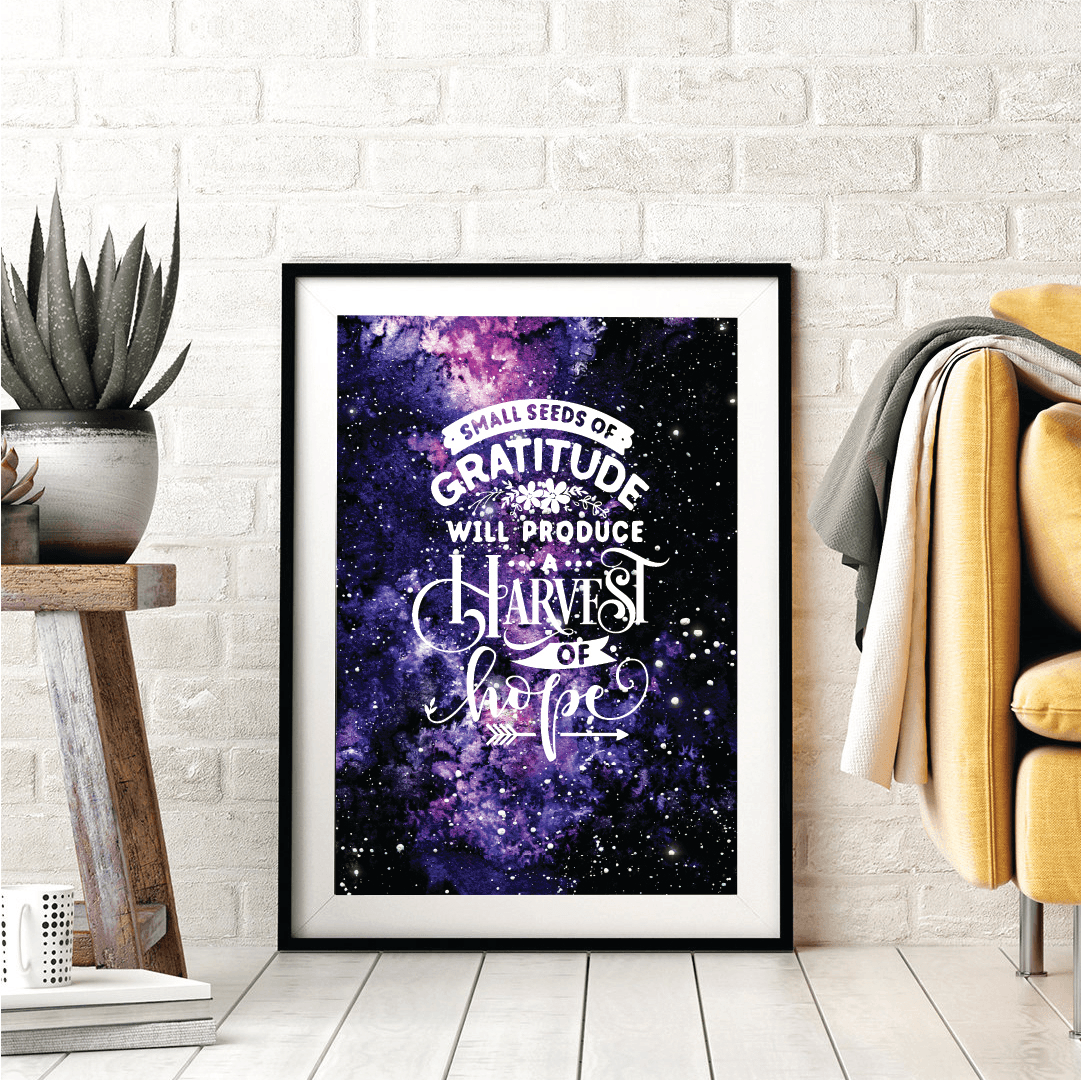 Small Seeds of Gratitude will produce-100 Small Seeds Of Gratitude Will Produce A Harvest Of Hope Poster | Inspirational Wall Print, Vivid Cosmic Design, Ideal For Living Rooms Bedrooms Offices, Perfect For Uplifting Gifts And Daily Encouragement - Image 1